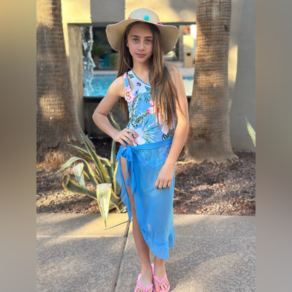 Floral Swimsuit with Blue Sarong